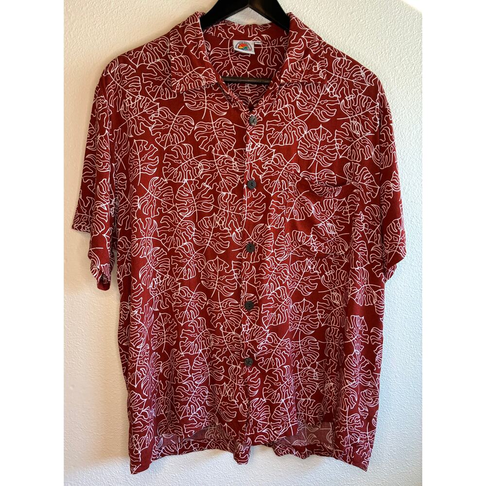 MAKAI BEACH | Rust Red Aloha Hawaiian Button Up Monstera Print | Medium